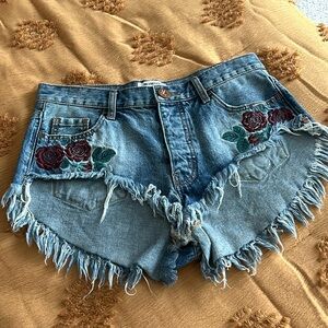 ONE X ONETEASPON Rollers low waist long rise denim shorts